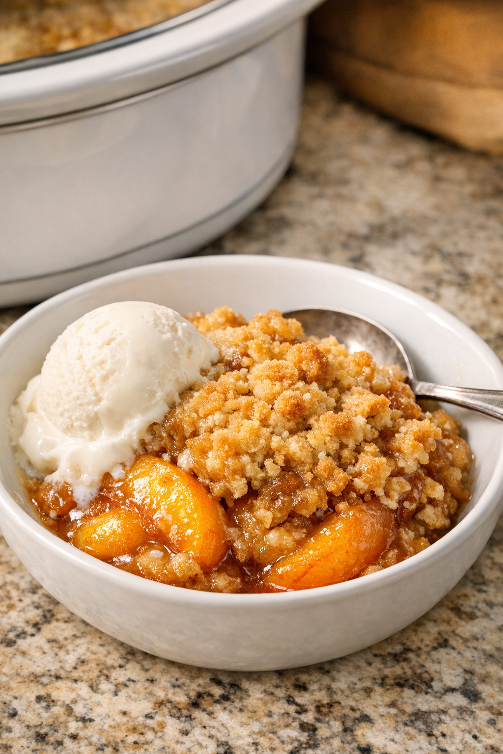 Finished slow cooker bourbon peach crisp served warm