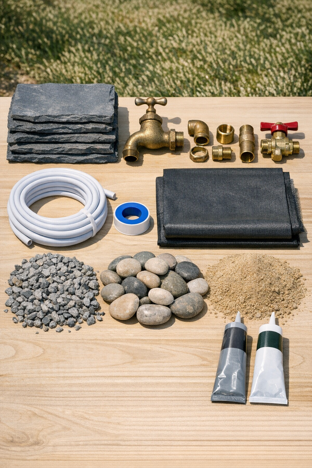 Materials for a stacked slate outdoor foot wash station laid out together