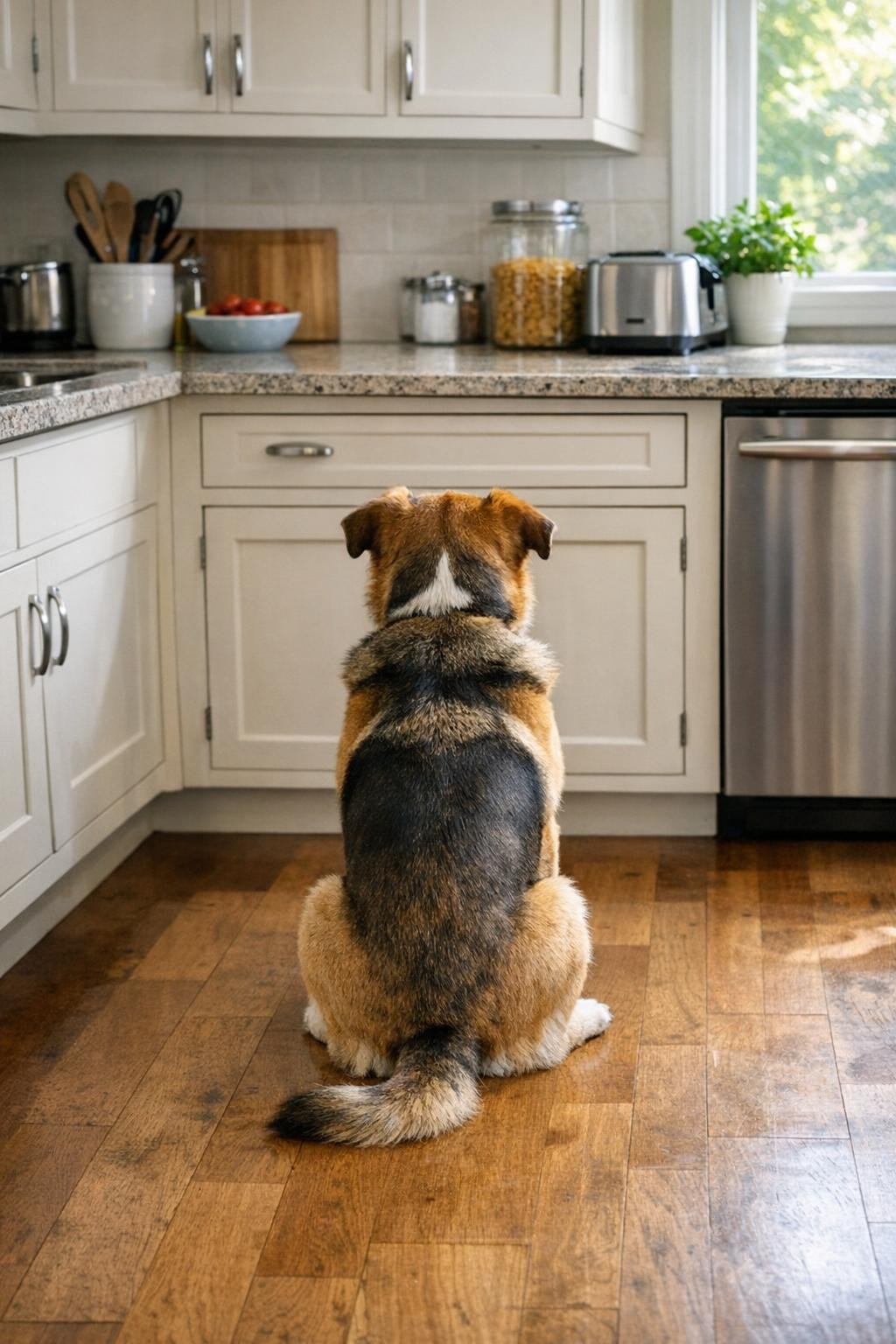 Dog sitting near a kitchen cabinet in a familiar routine spot