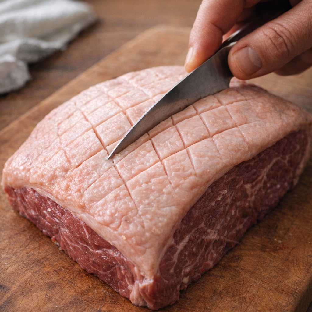 Close view of picanha fat cap being scored