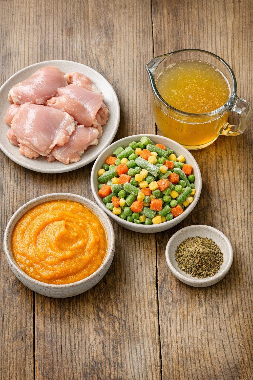 De belangrijkste ingrediënten voor herfstkippensoep staan uitgestald op een boerentafel.