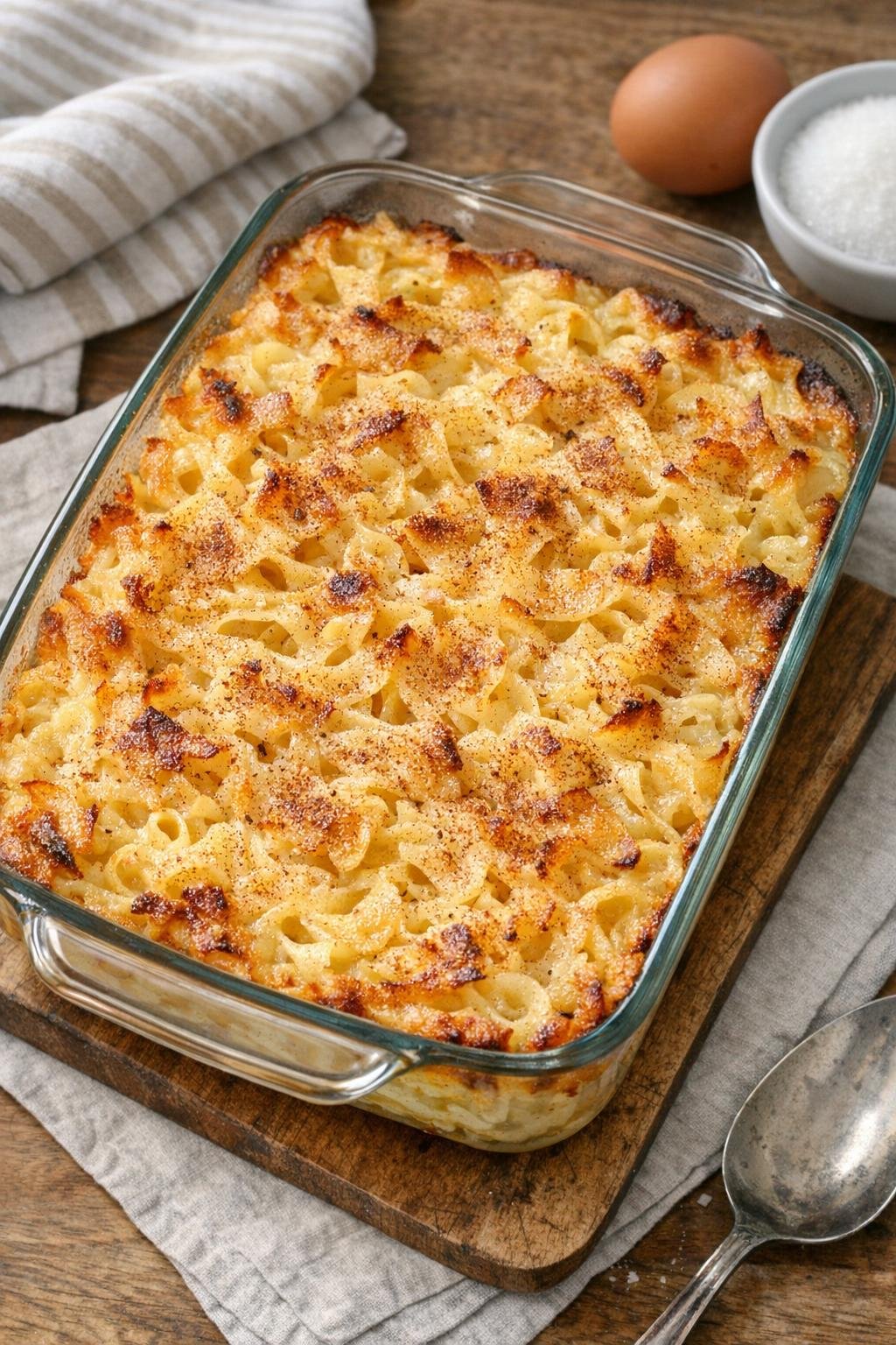 Finished baked sweet egg noodle casserole
