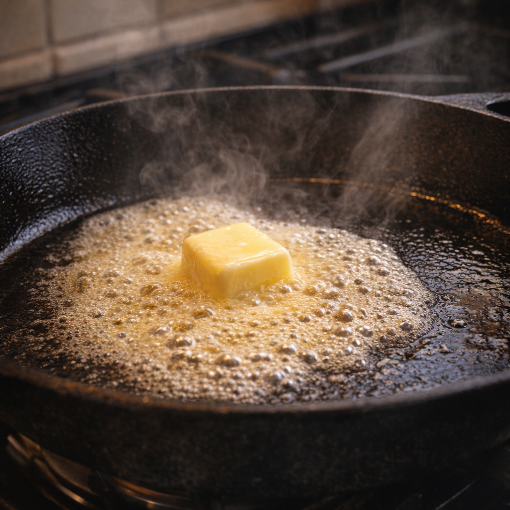 Butter melting in a cast iron skillet