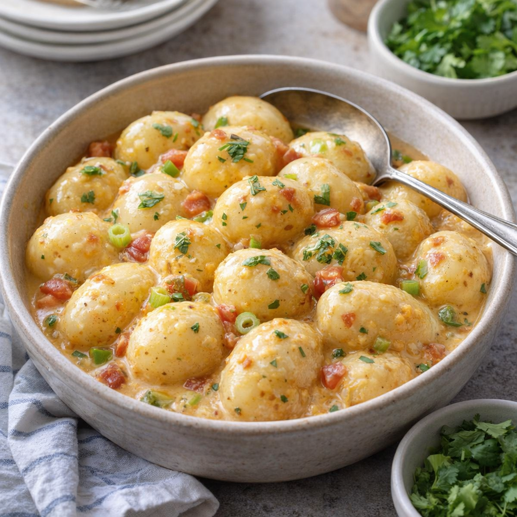 Slow cooker fiesta potatoes served in a casual family-style setting