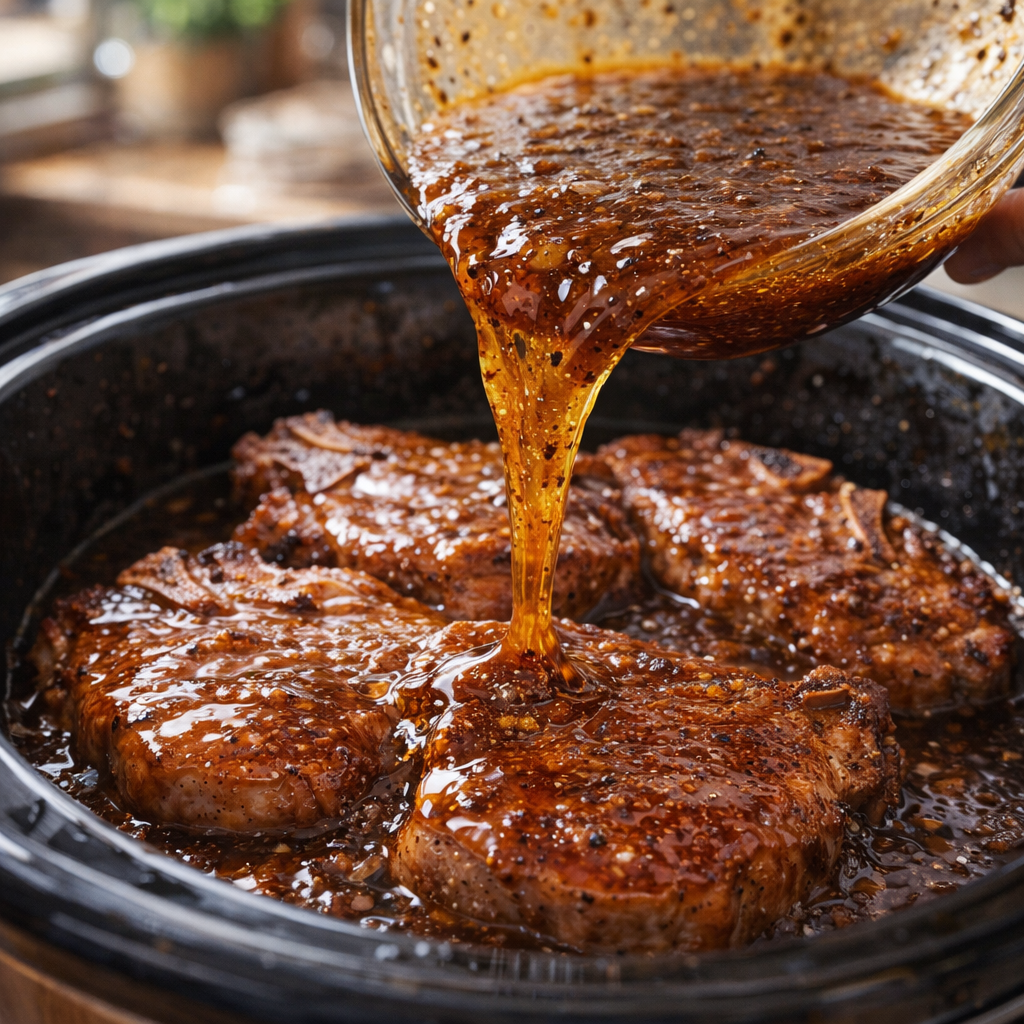Brown sugar sauce being poured over pork chops