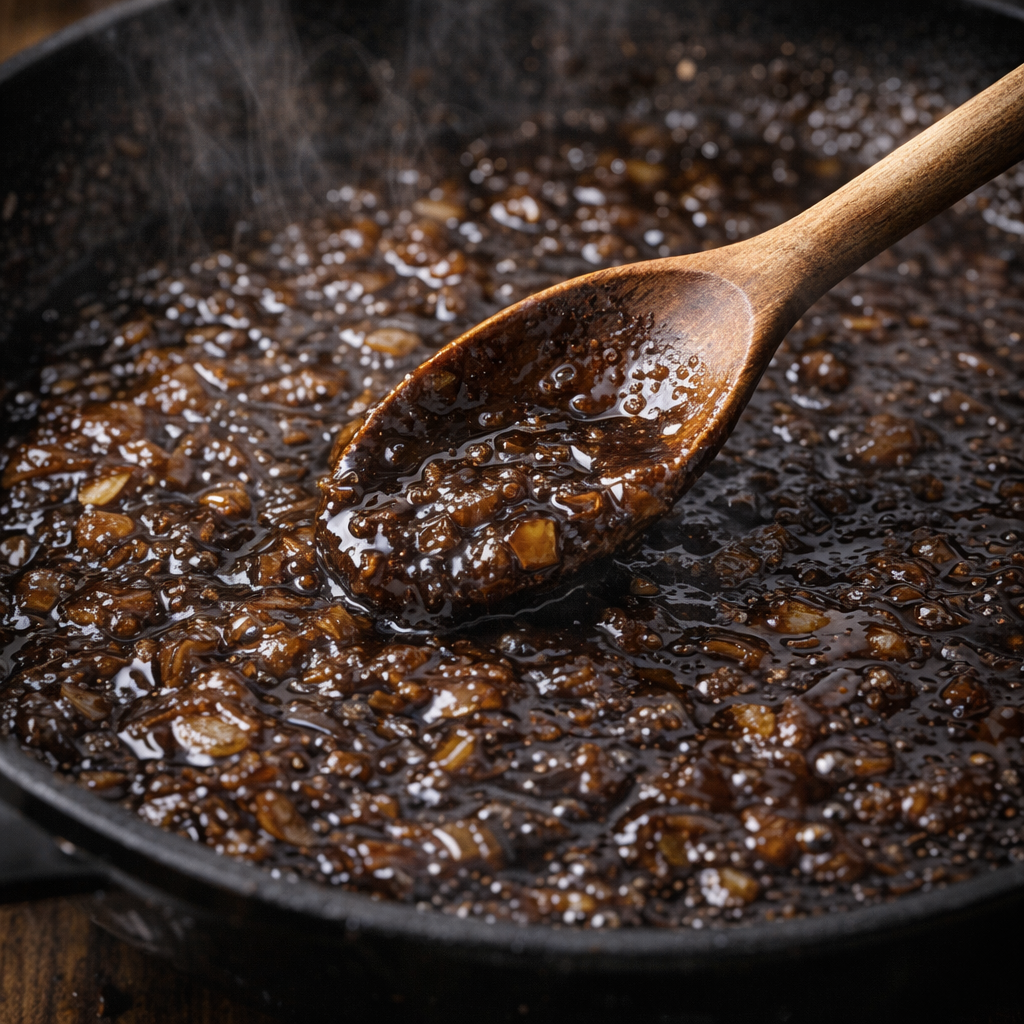 Stout cooking liquid reducing into a glossy dark sauce