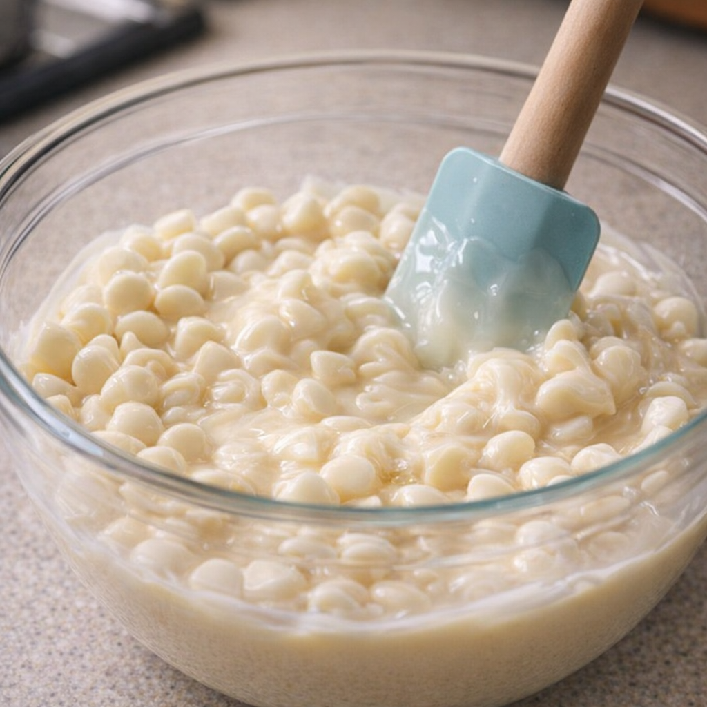 White chocolate chips and condensed milk being mixed in a bowl