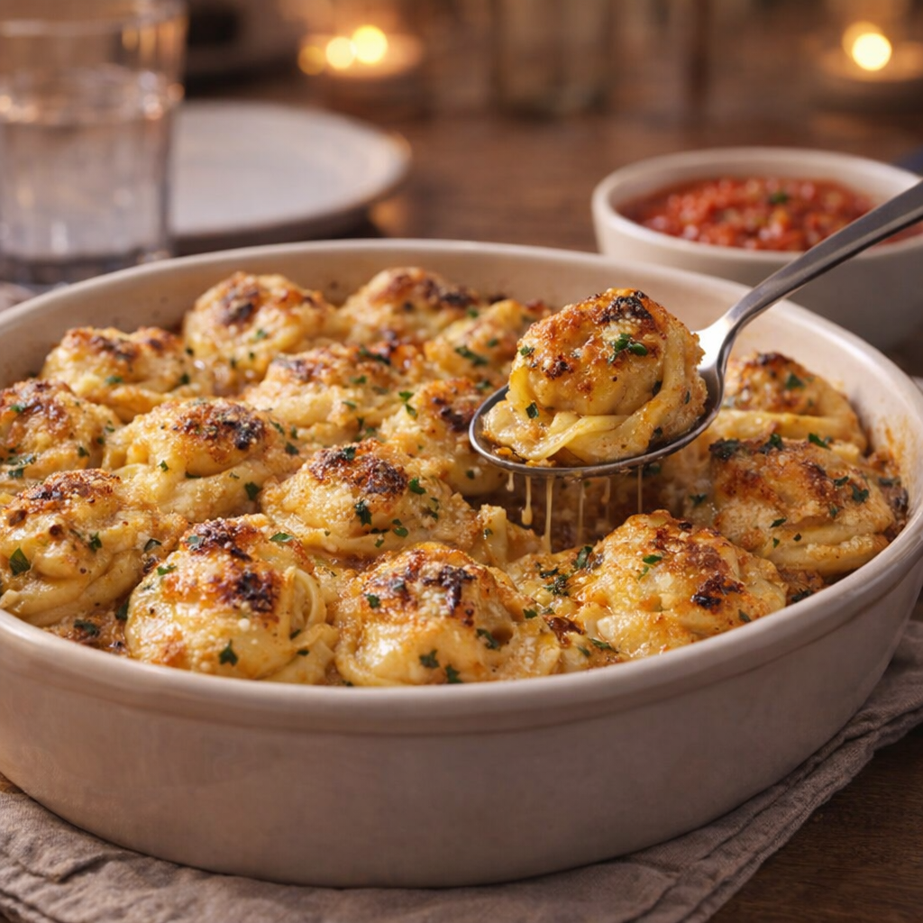 Family-style serving of baked tortellini in a warm dish