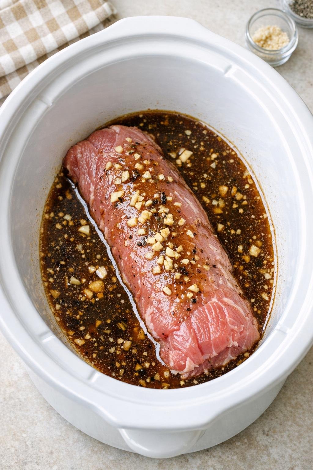Varkenshaas bedekt met saus in de slowcooker
