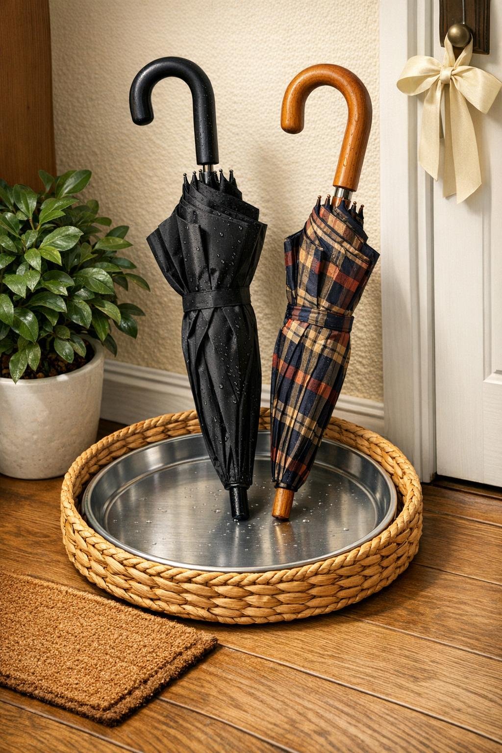 Finished umbrella drip tray made from a pizza pan set inside a woven basket
