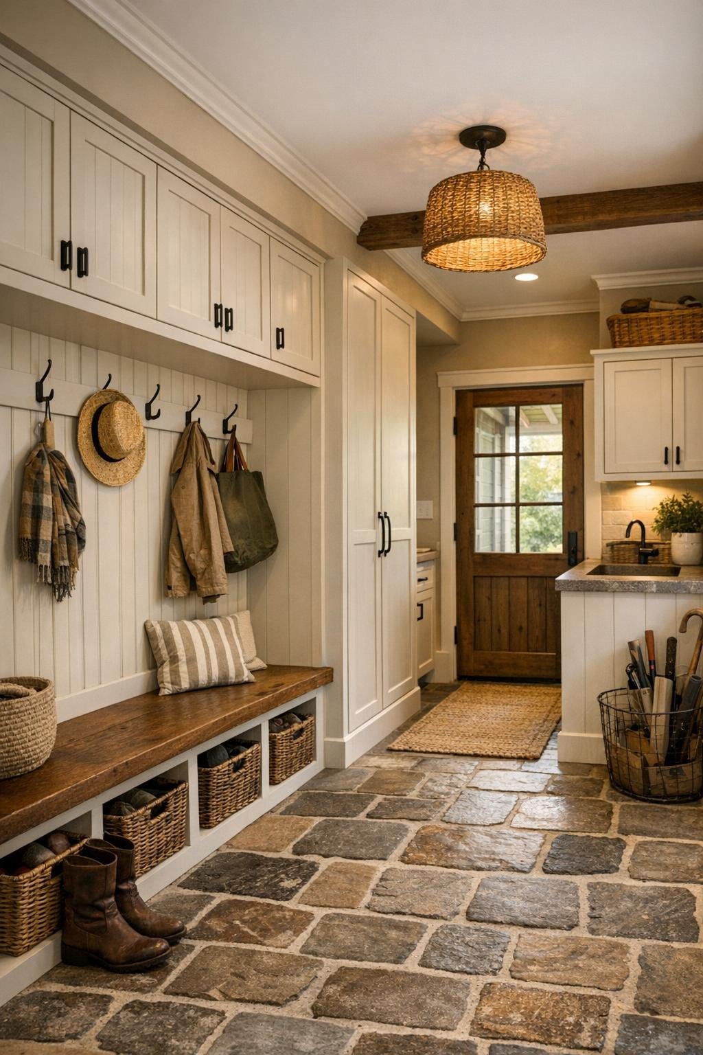 Farmhouse mudroom and utility area with built-in storage and durable finishes
