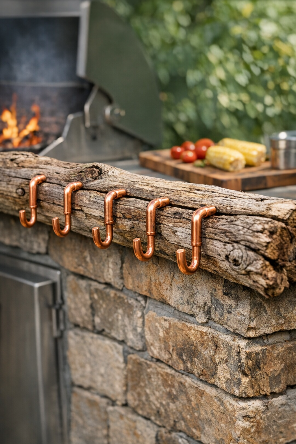 Finished driftwood grill utensil rack with copper hooks mounted outdoors
