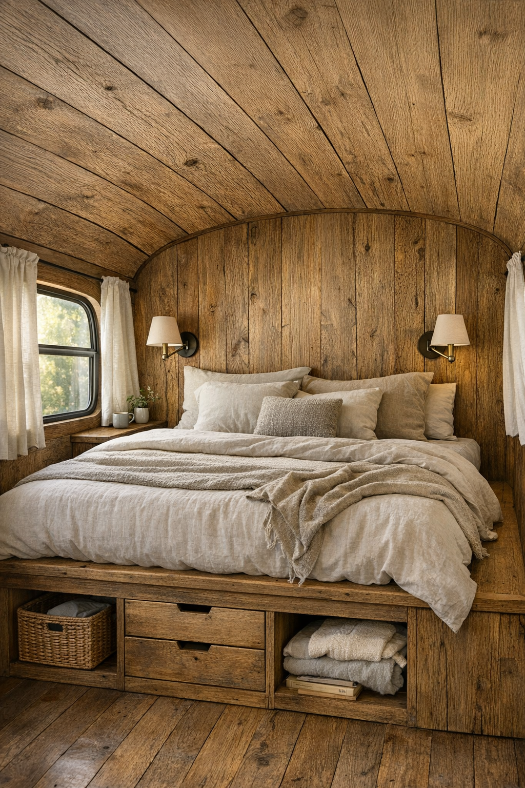 Serene bedroom in a converted bus with oak paneling, built-in storage, and layered neutral bedding