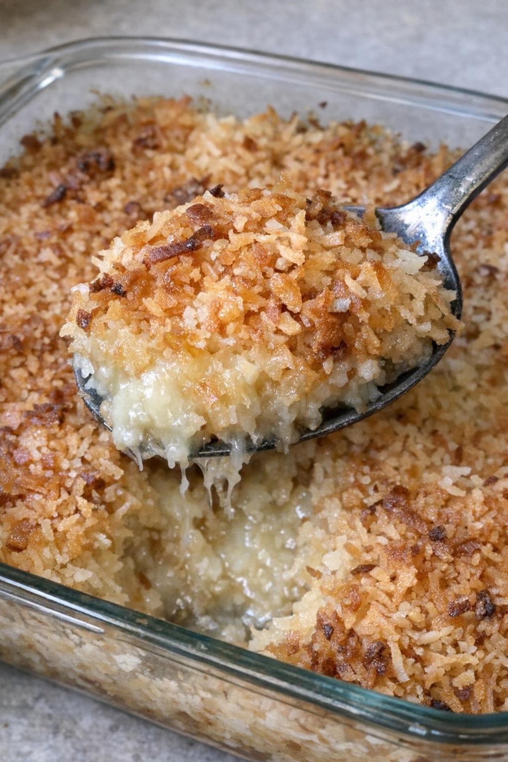 Toasted coconut dessert in a glass casserole dish
