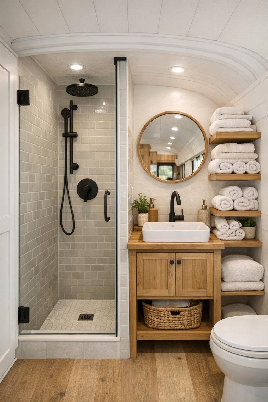 Compact bus bathroom with tiled shower and small wood vanity