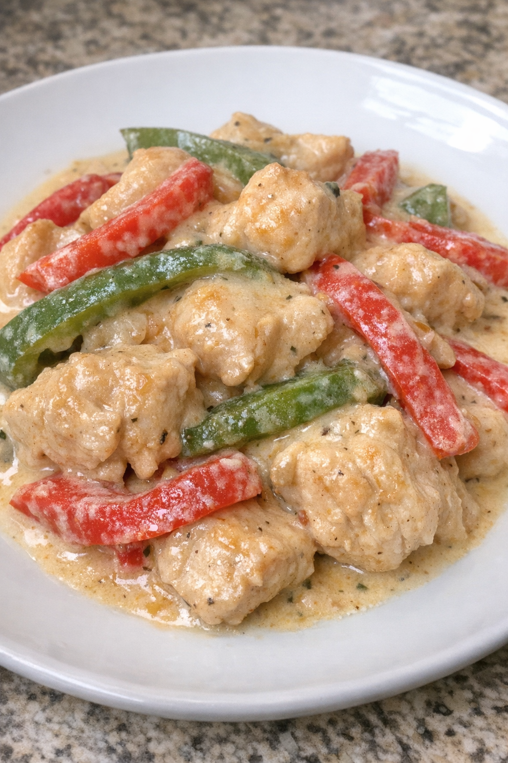 Creamy bell pepper chicken on a white plate