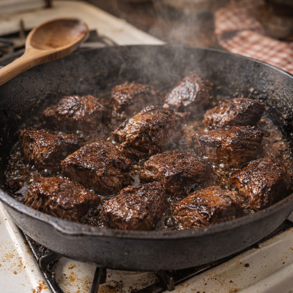 A skillet of browned beef pieces on a farmhouse stove