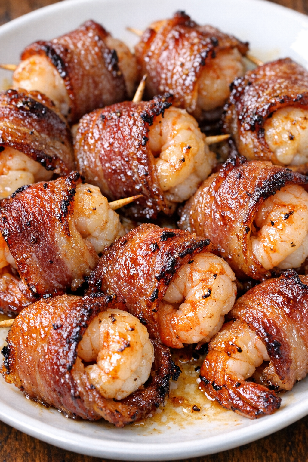 Low carb 3-ingredient bacon shrimp bites on a white plate