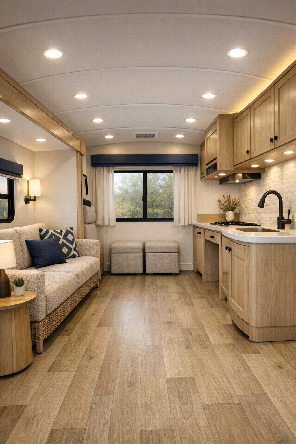 Accessible RV living room with pale oak cabinetry, soft white walls, and a low-profile woven sofa