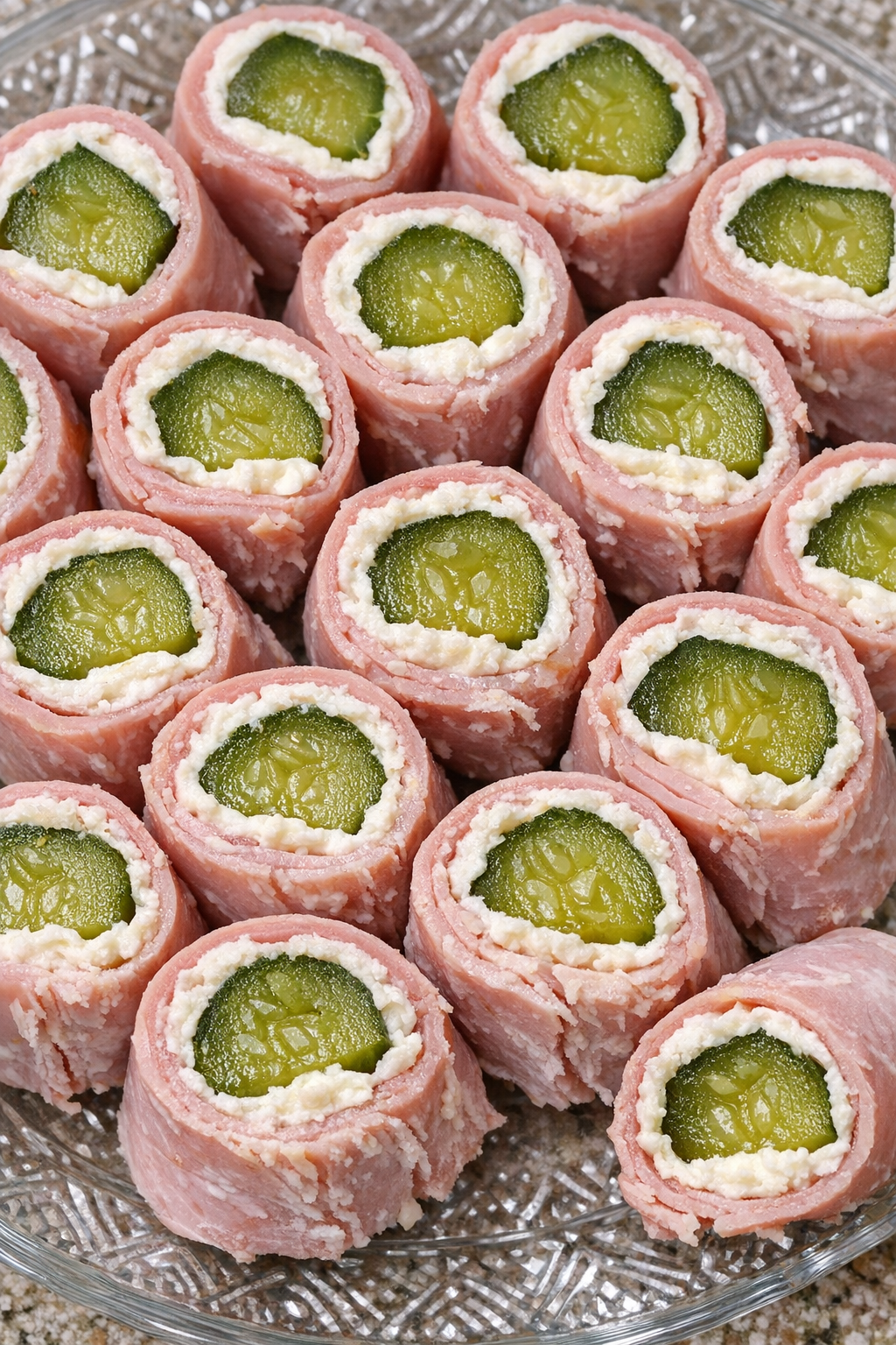 Southern 3-ingredient ham pickle roll ups on a glass serving platter
