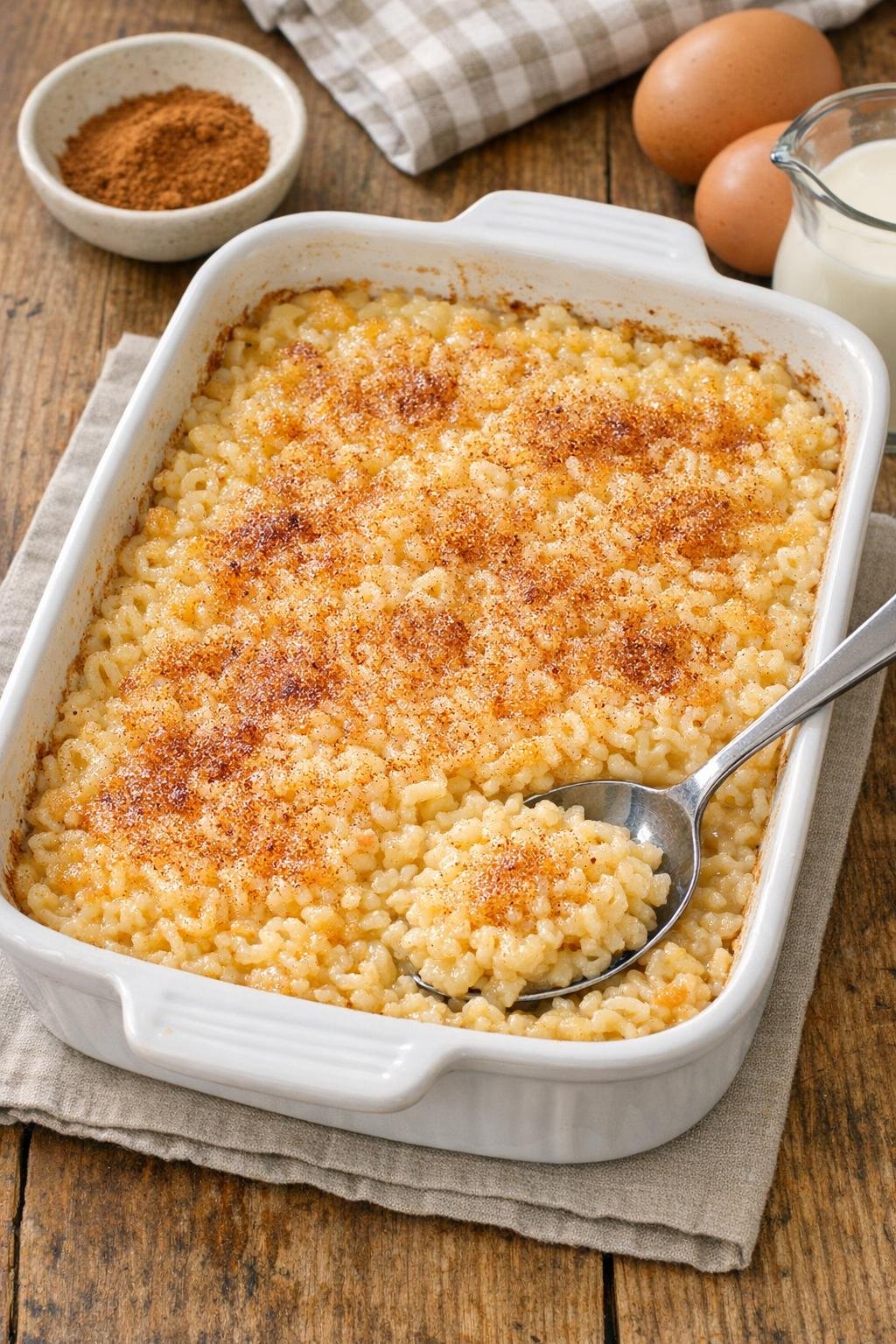 Finished baked alphabet pasta dessert in a ceramic baking dish
