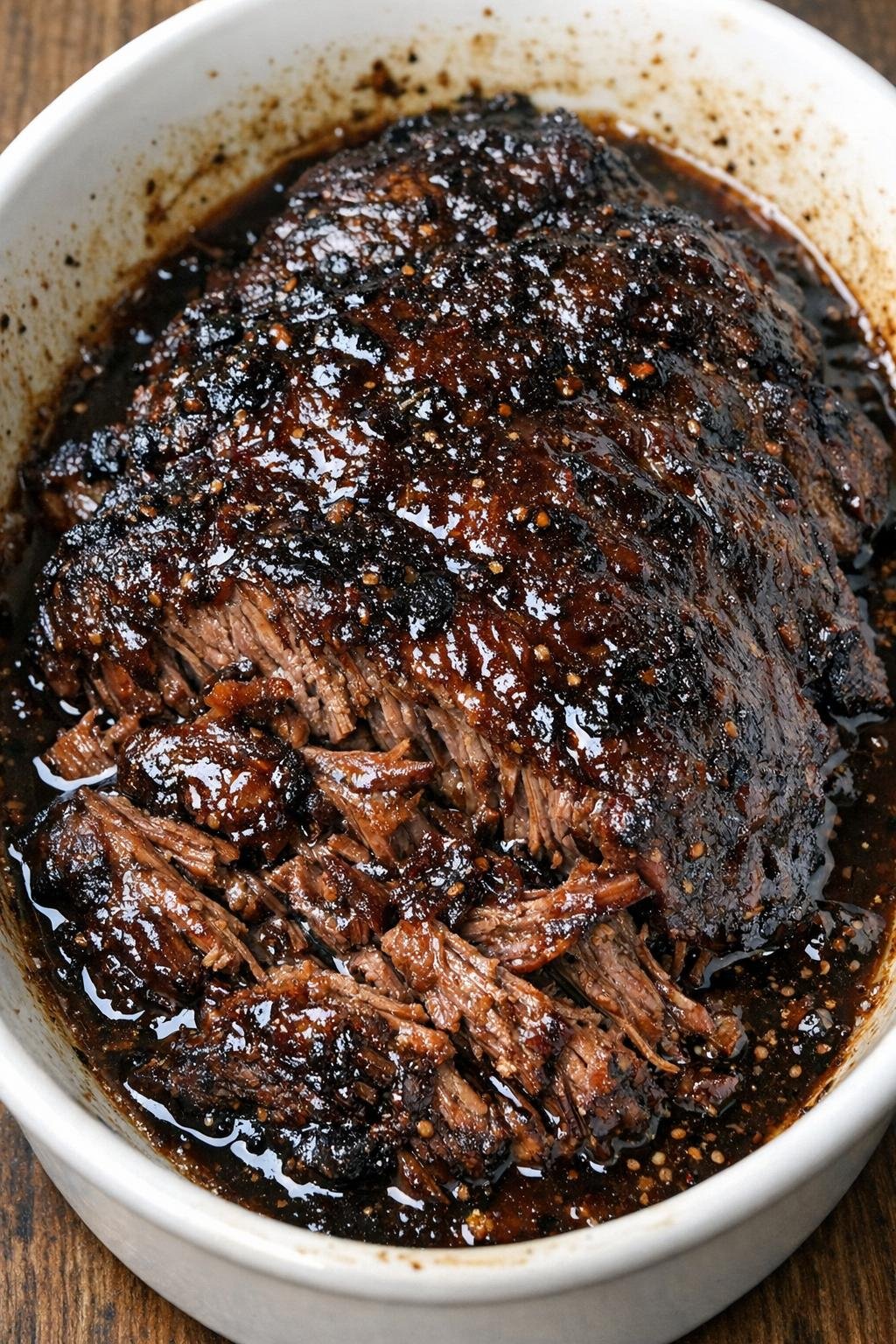 Tender fig balsamic beef roast in a white baking dish