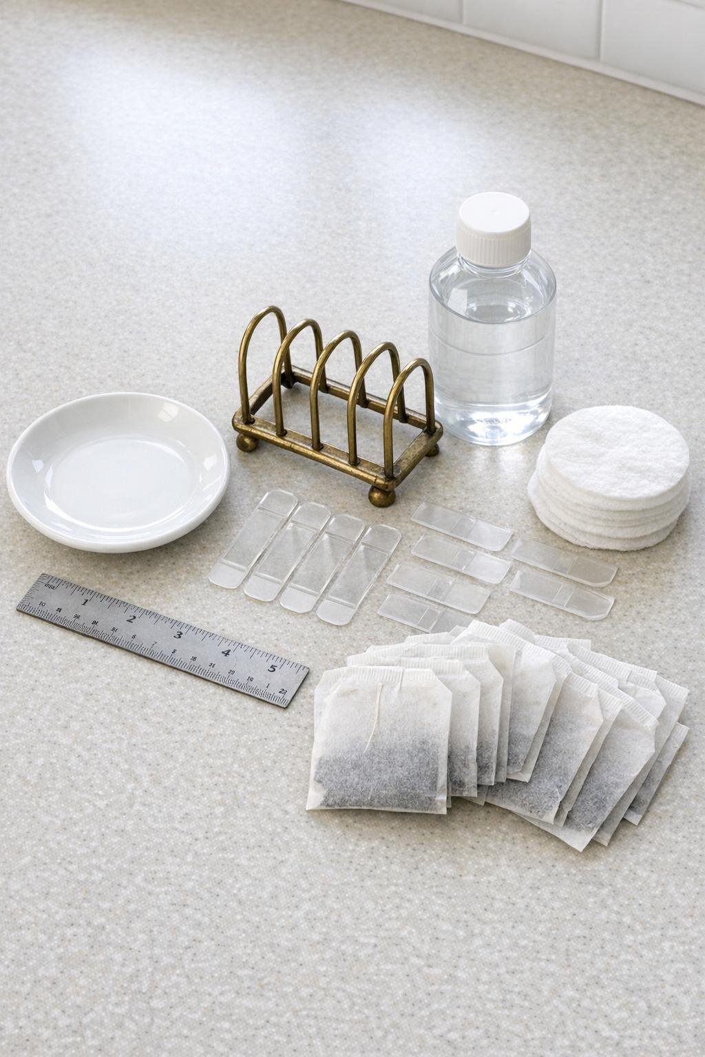 Materials for a tea bag station laid out on a countertop