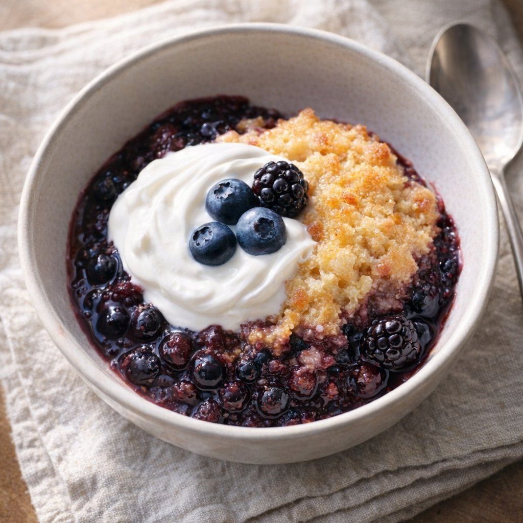 Berry bake topped with yogurt and fresh berries