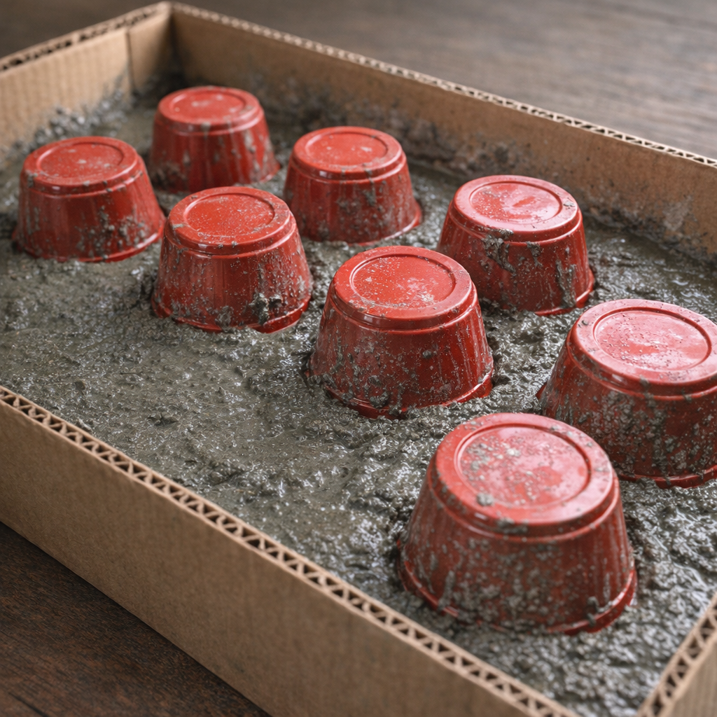 Red plastic cups pressed into wet cement