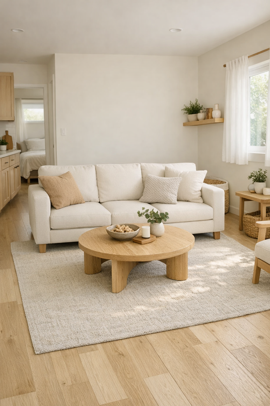 Accessible ivory tiny home living room with pale wood furniture and soft natural light