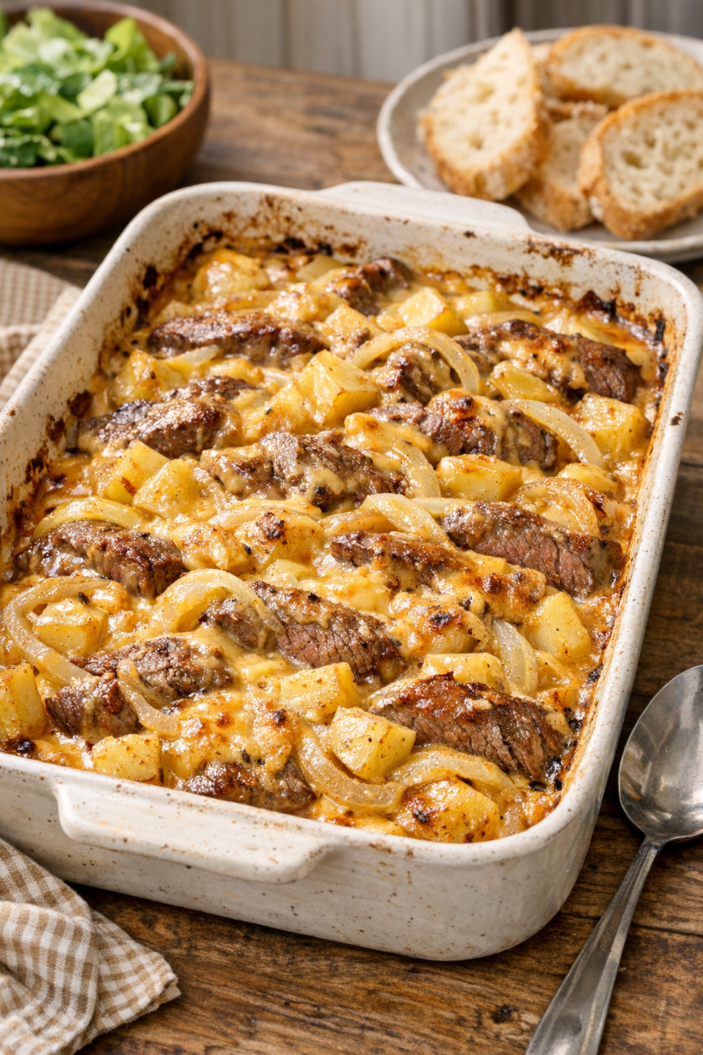 Finished beef and beer cheese casserole in a baking dish