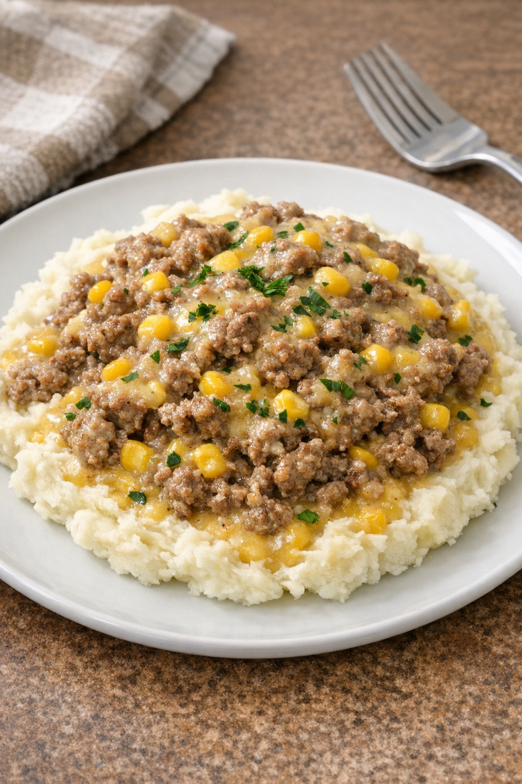 Finished poor man corn beef served on mashed potatoes