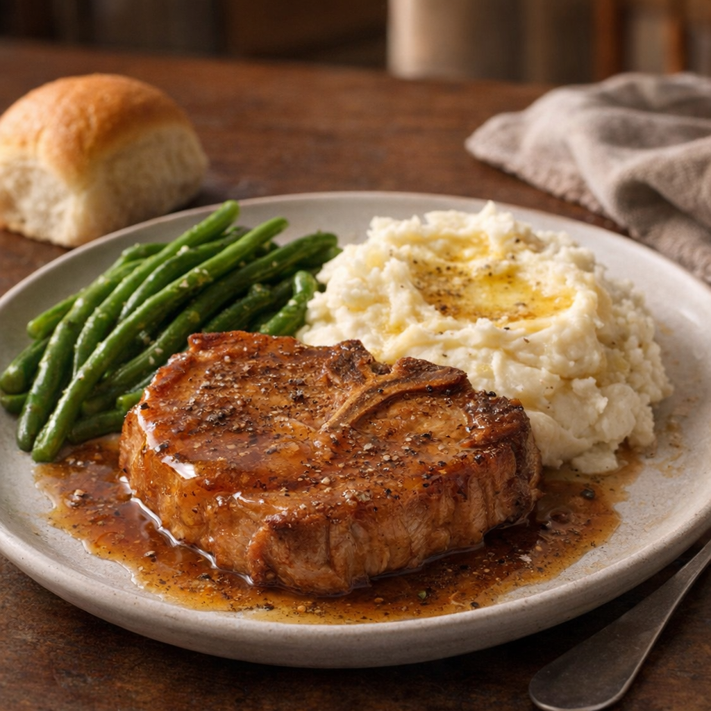 Plated maple pork chop supper with mashed potatoes and green beans