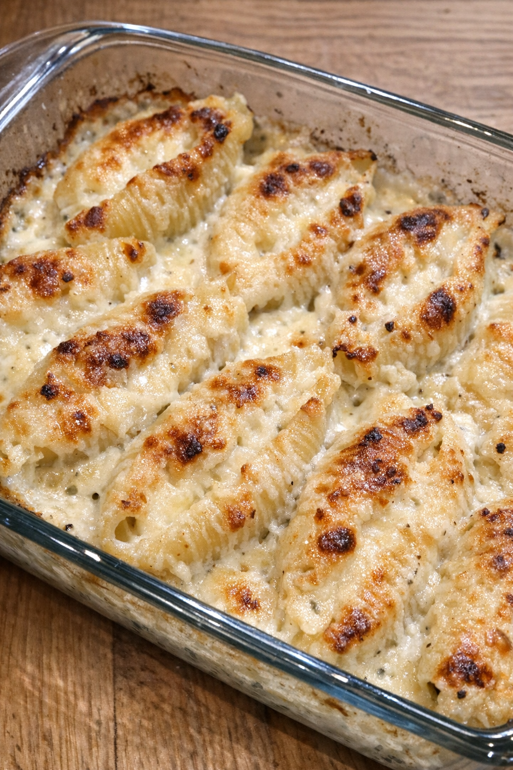 Creamy baked jumbo pasta shells with browned edges