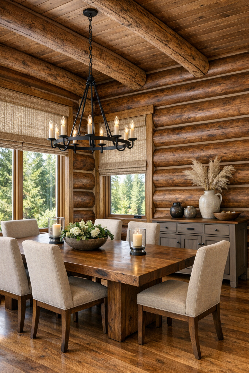 Rustic dining room with a solid wood table, upholstered chairs, and warm natural light