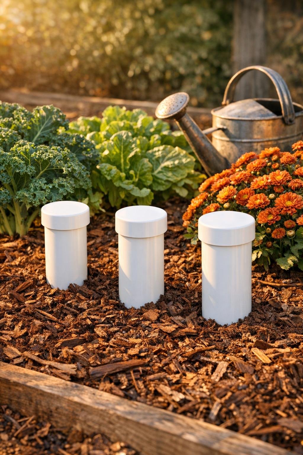 Finished slow-release compost tea dispensers installed in a fall garden bed