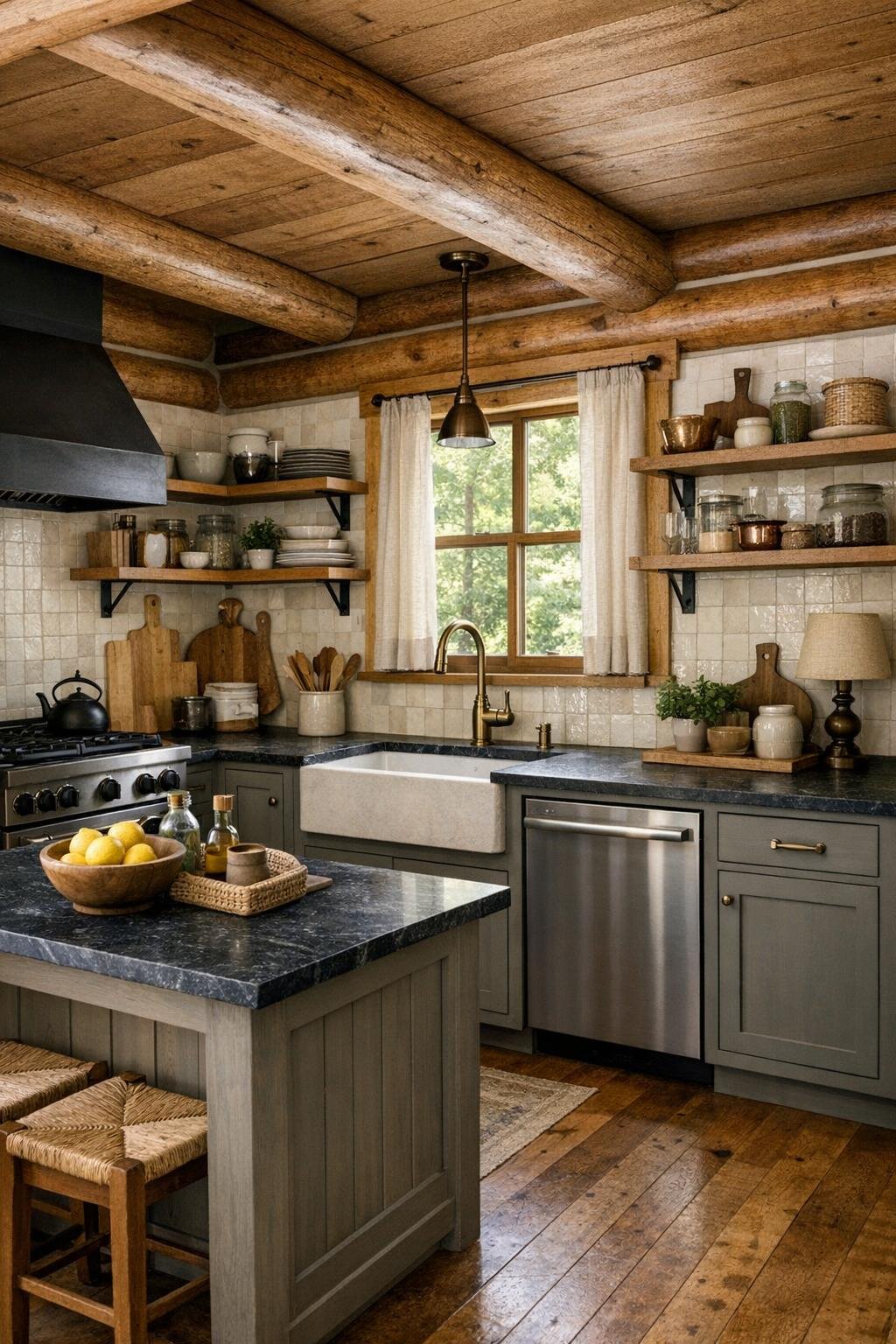 Kitchen with mushroom-gray cabinetry, soapstone counters, handmade tile backsplash, and oak shelves