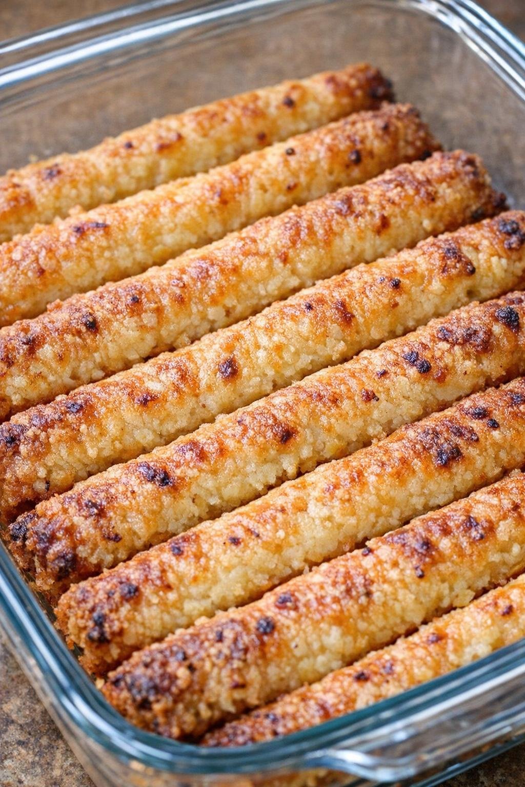Southern cheesy garlic straws baked until golden in a glass casserole dish