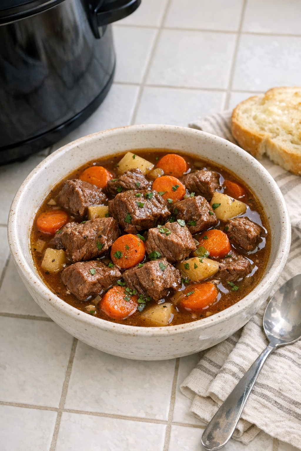 Finished Amish beef stew in a bowl