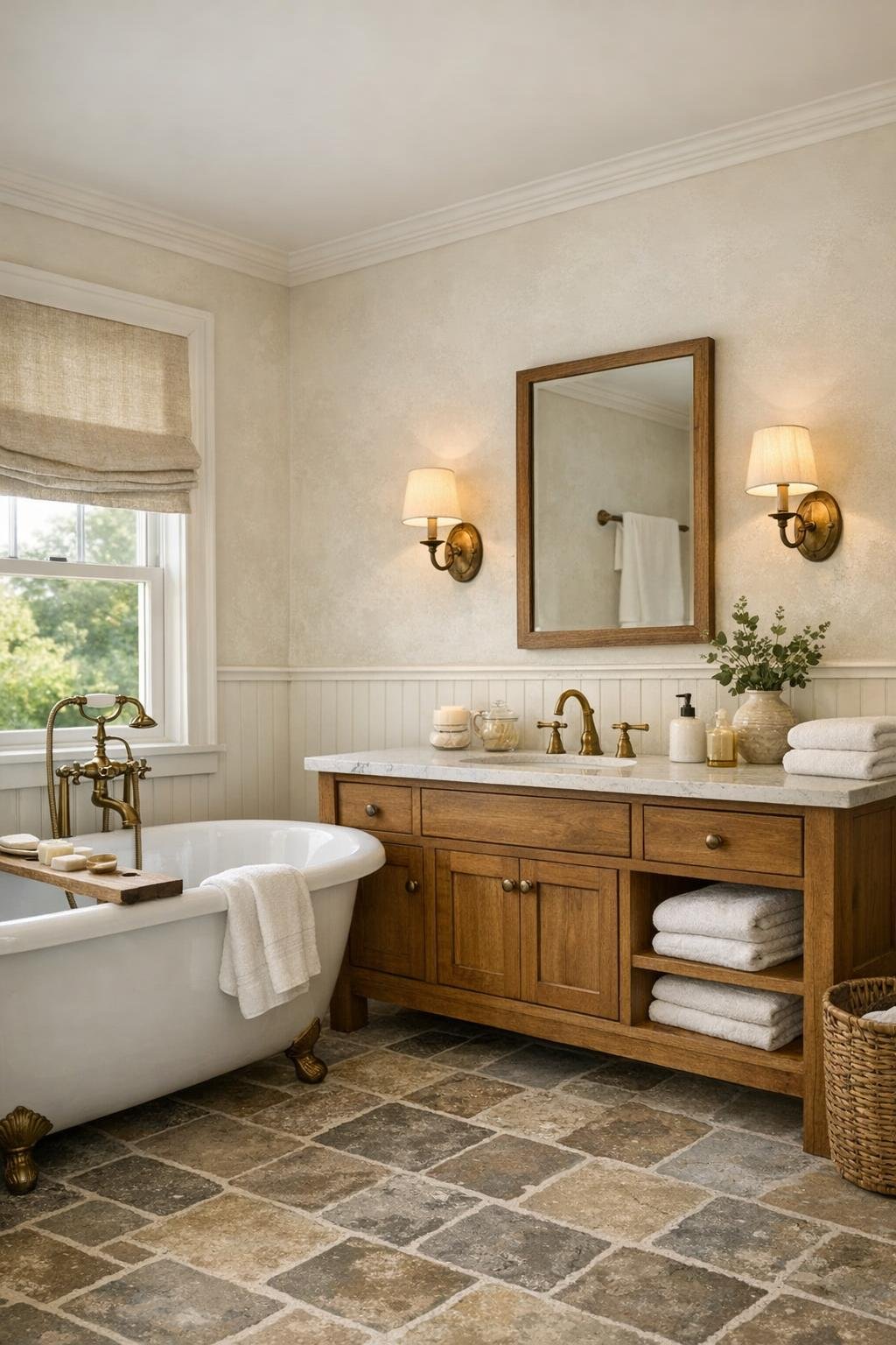 Classic farmhouse bathroom with a freestanding tub, wood vanity, brass fixtures, and stone tile
