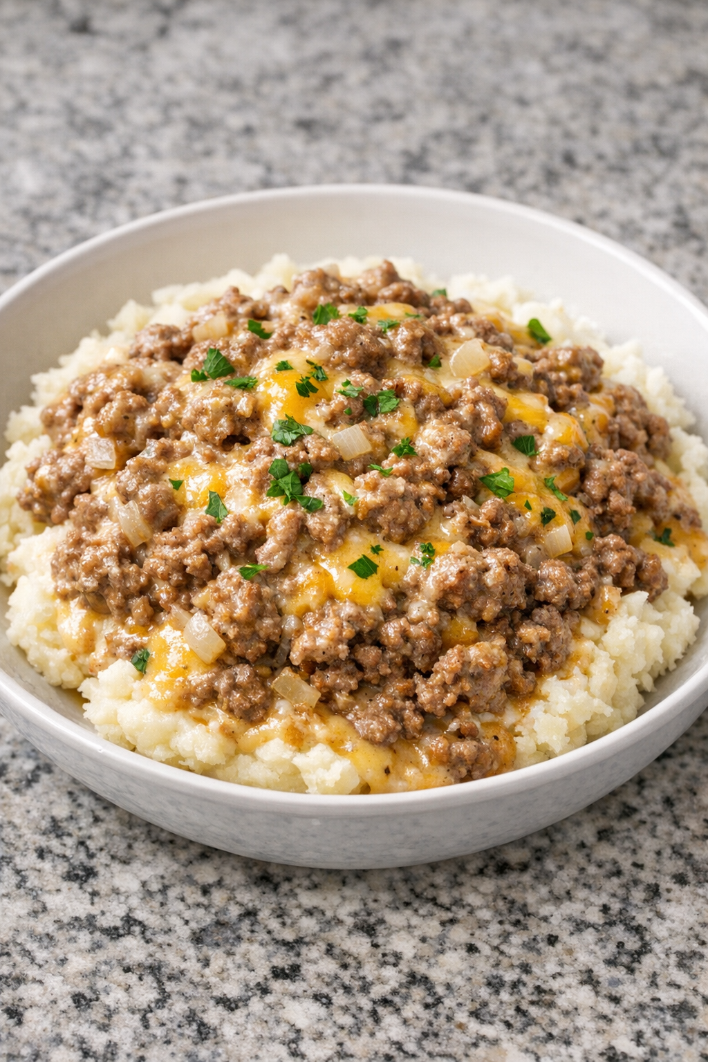 Finished slow cooker bacon burger beef served in a bowl