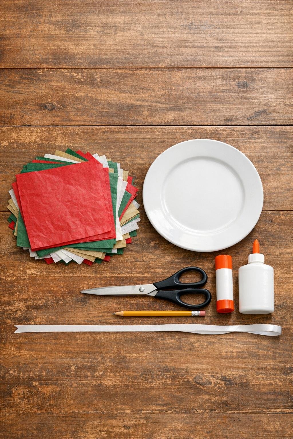 Stack of tissue paper squares, glue, plate, scissors, and ribbon laid out on a wooden table