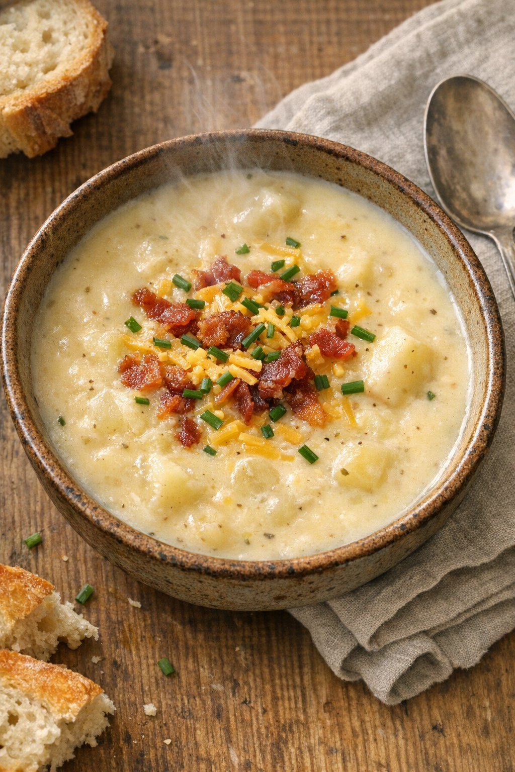 Finished cheddar potato soup in rustic bowl