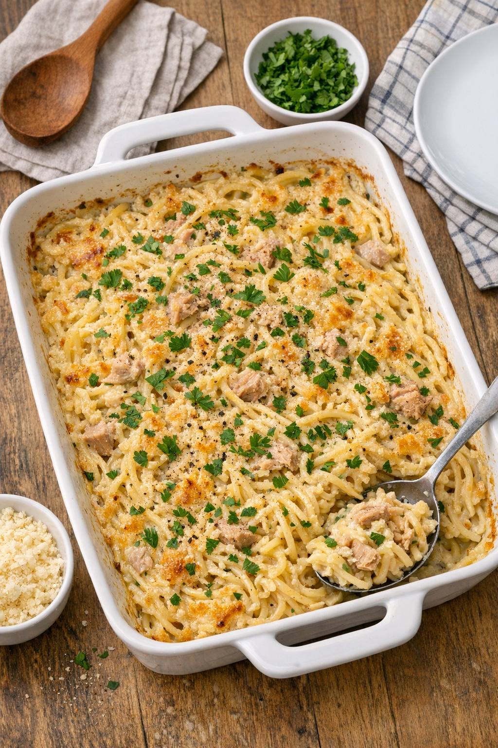 Finished baked tuna spaghetti in a casserole dish