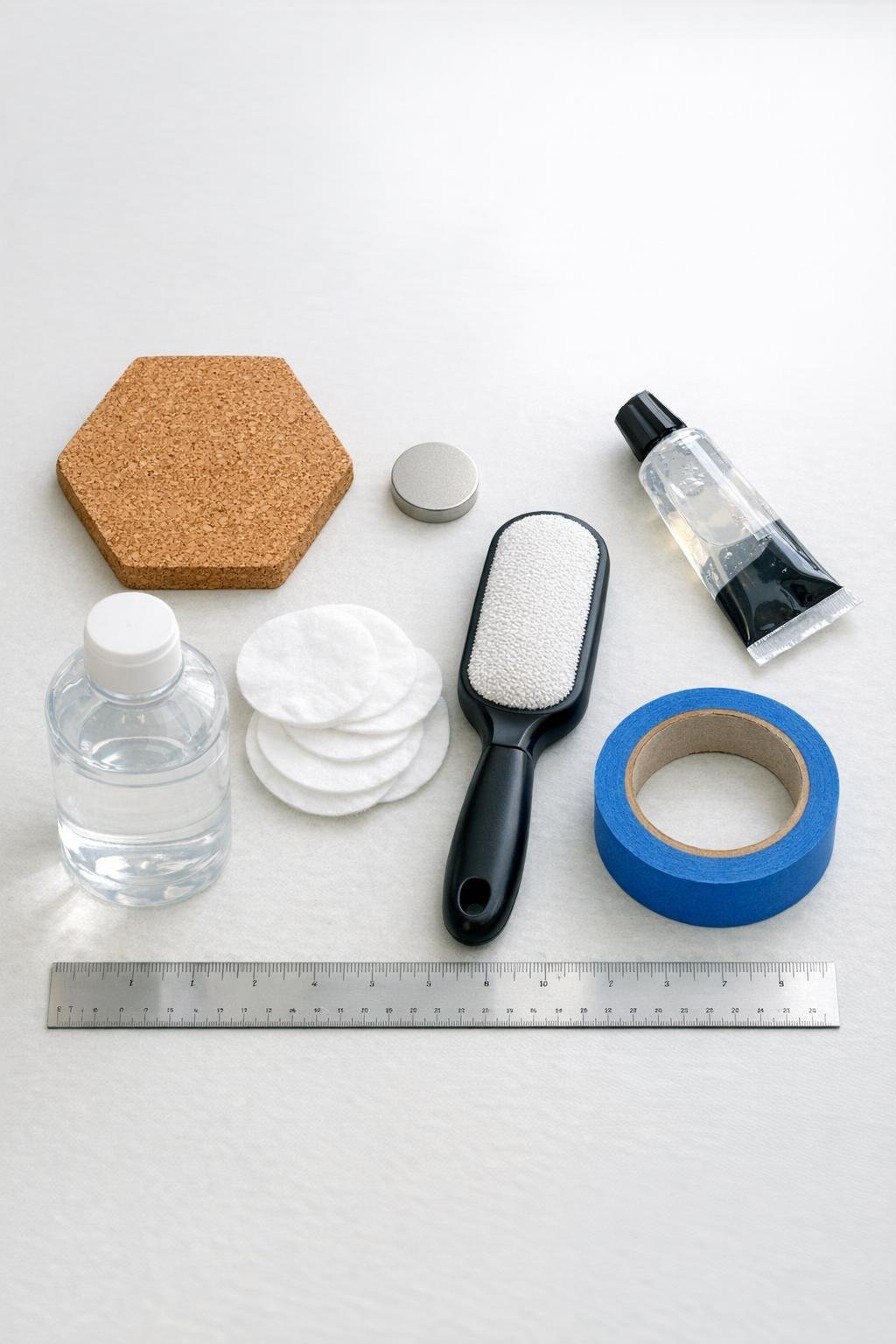 Materials for a magnetic cork trivet lint brush station laid out neatly