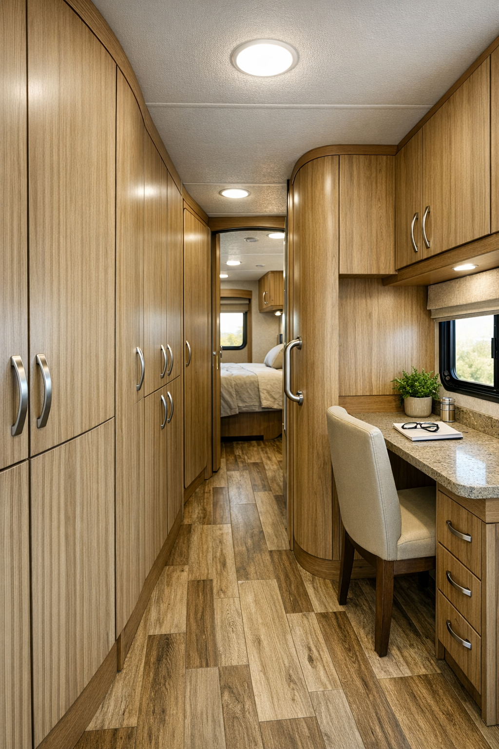 Accessible RV camper hallway and utility area with flush storage and a compact workstation nook