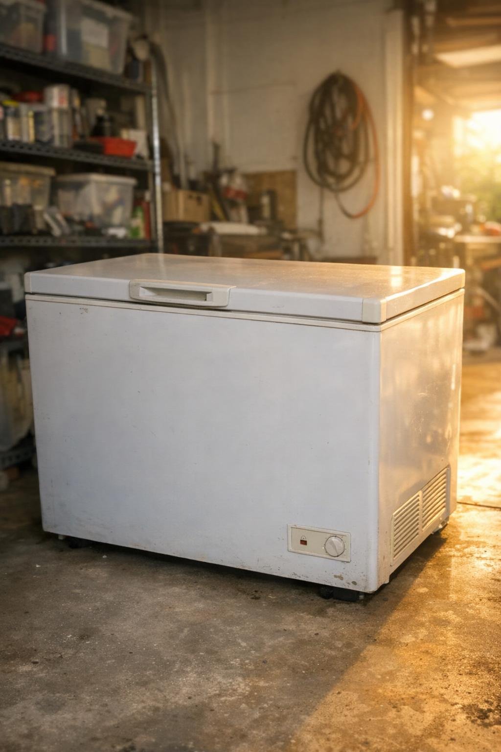 Chest freezer in a hot summer garage
