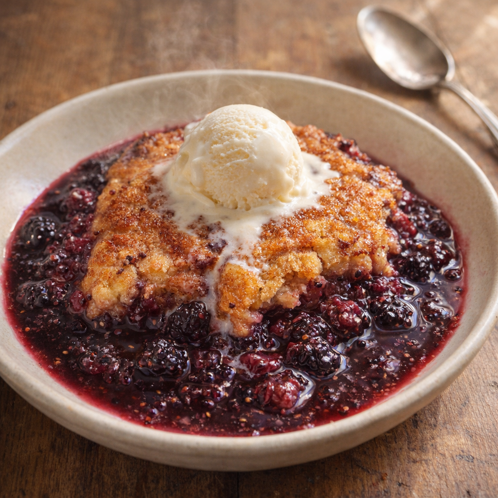 Warm marionberry pandowdy served in a shallow bowl