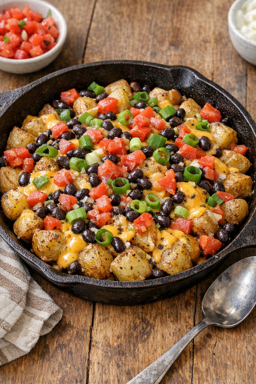 Finished nacho potato bake in a cast iron skillet