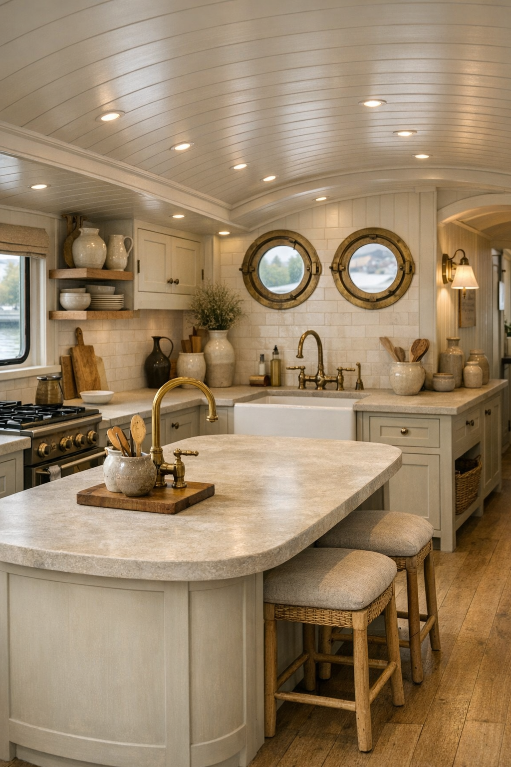 French country houseboat kitchen with putty cabinets, pale counters, and accessible island